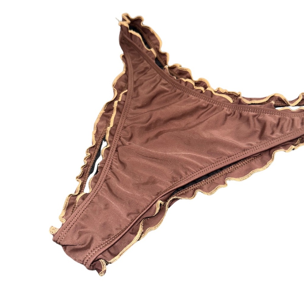 Retro Brown Ruffle High Leg Bikini Bottoms - Picture 4 of 6